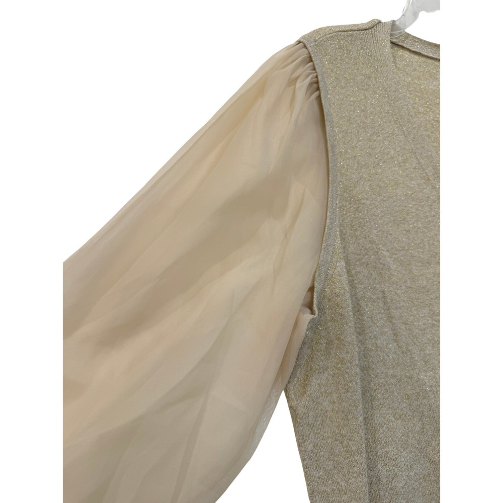 Talbots Plus 2X Metallic Gold‎ Knit V-Neck Sweater Sheer Chiffon Sleeve NEW - Picture 5 of 7